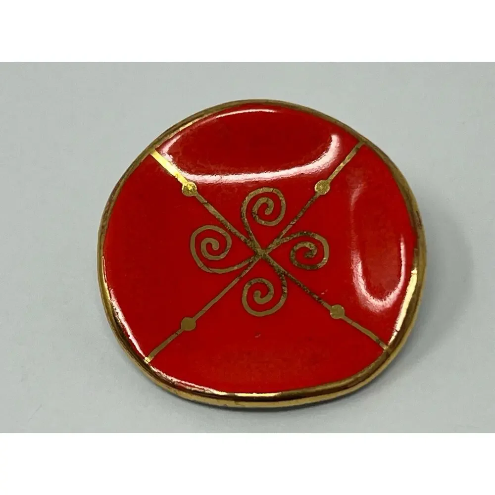 Vintage Milvern Co. Brooch – Hand-Painted Red & Gold Scroll Design, Mid-Century